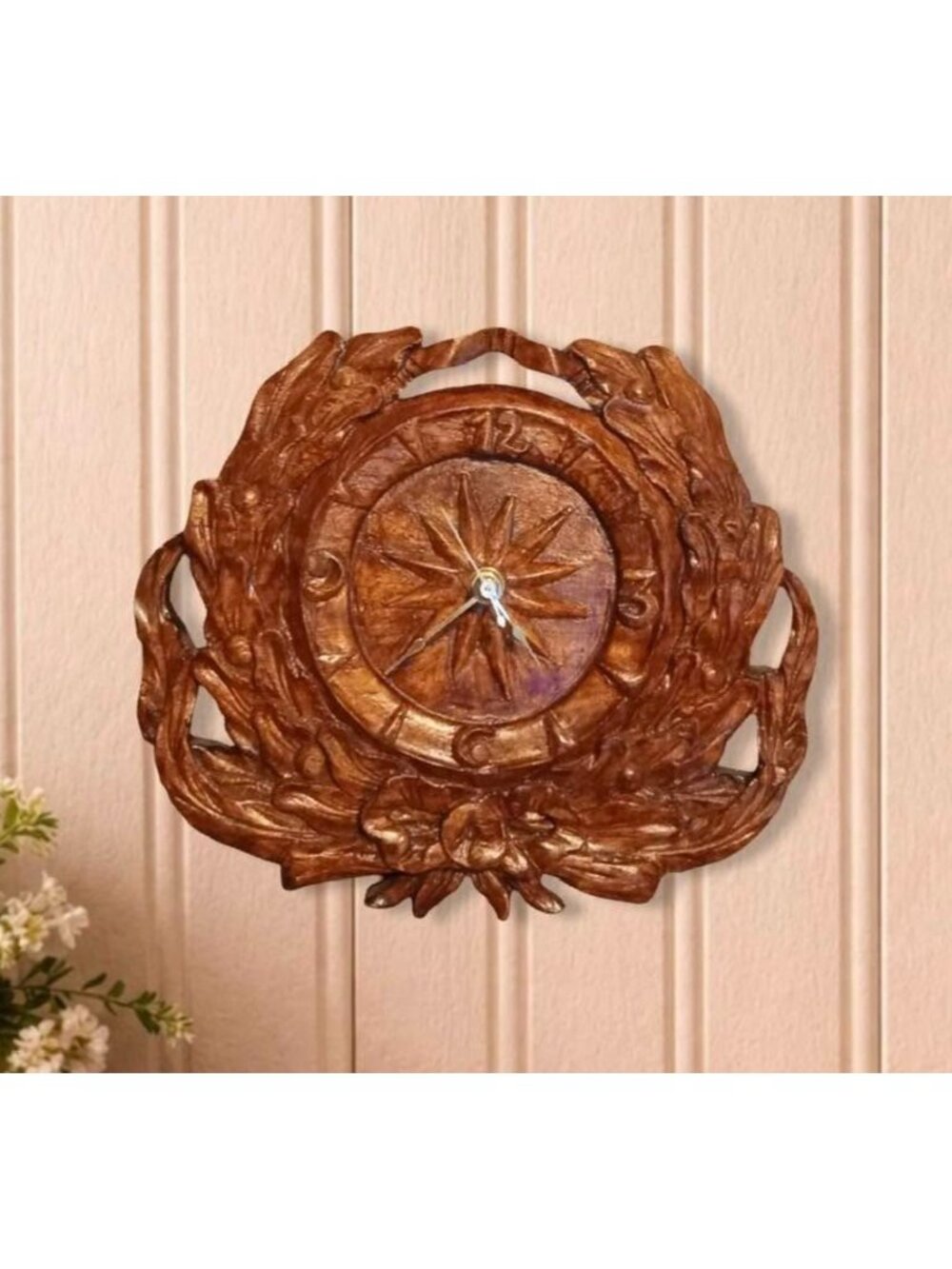 Vintage Carved Wood Compass Rose Wall Clock Birds Floral Wreath Nautical Decor